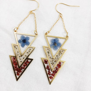 Reyna - Gold Triangle Chain Earrings with Pressed Flowers