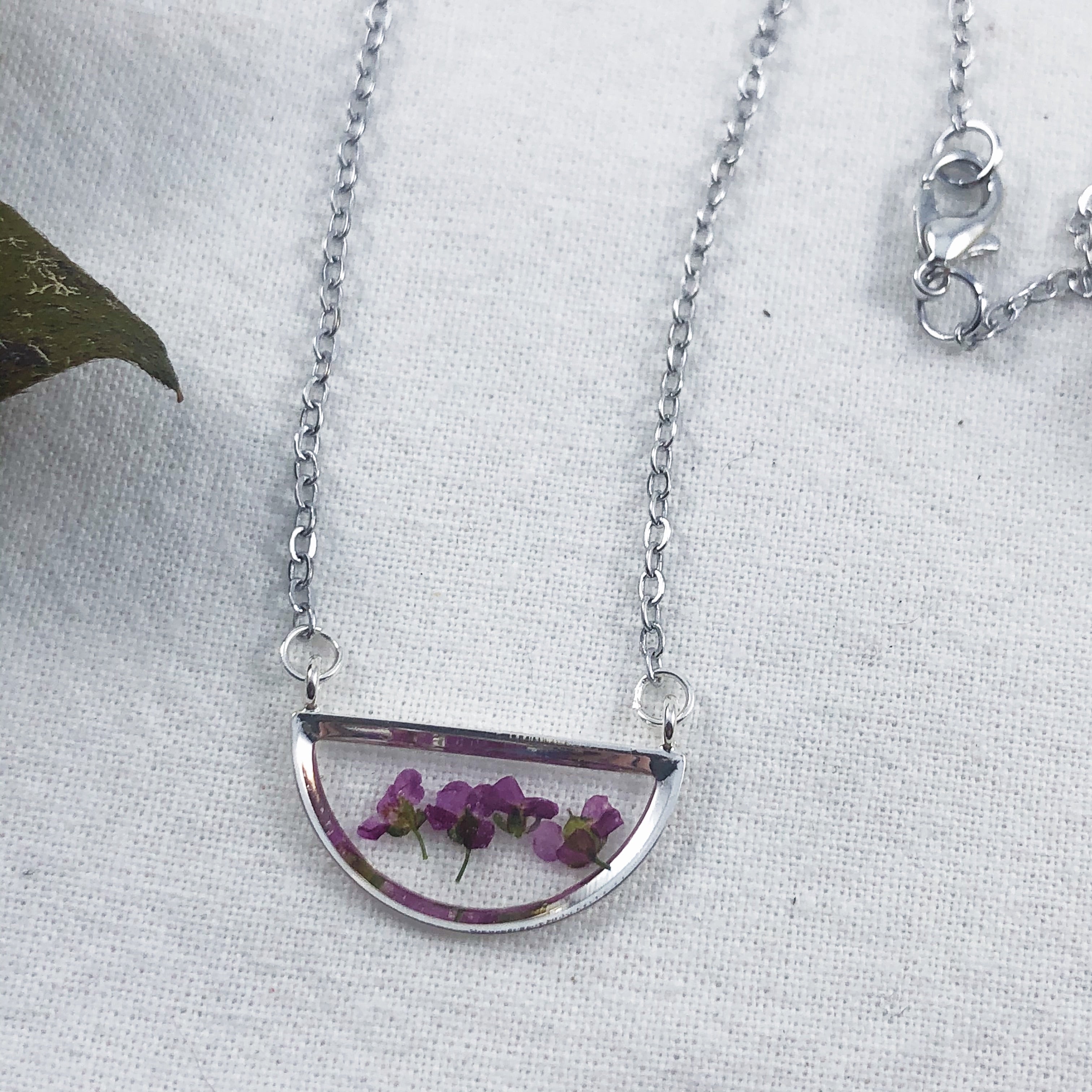 Dancing at Dawn - Silver Semicircle Pressed Flower Necklace