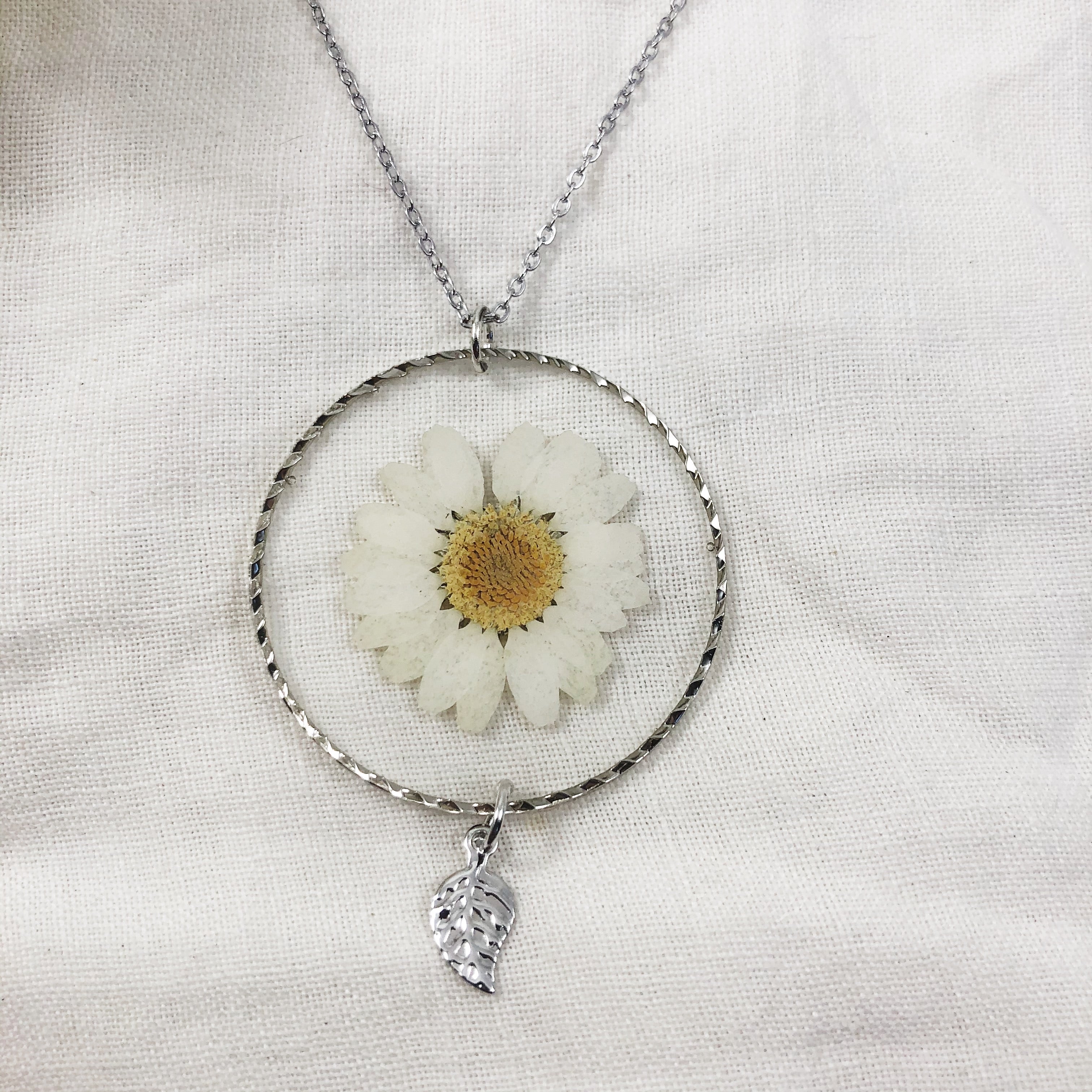 Silver Daisy Necklace with Leaf Charm
