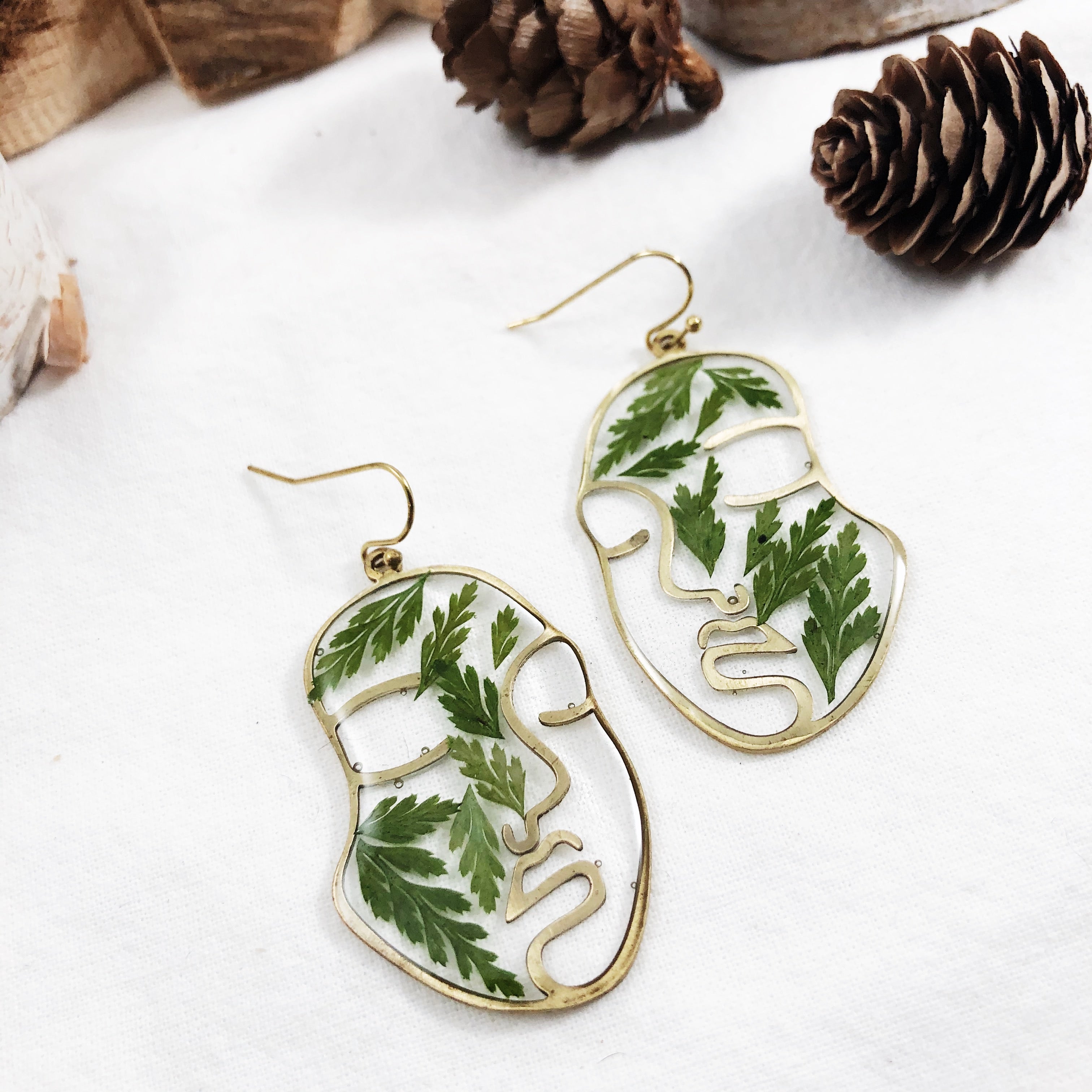 Blythe - Brass Abstract Face Earrings with Preserved Ferns