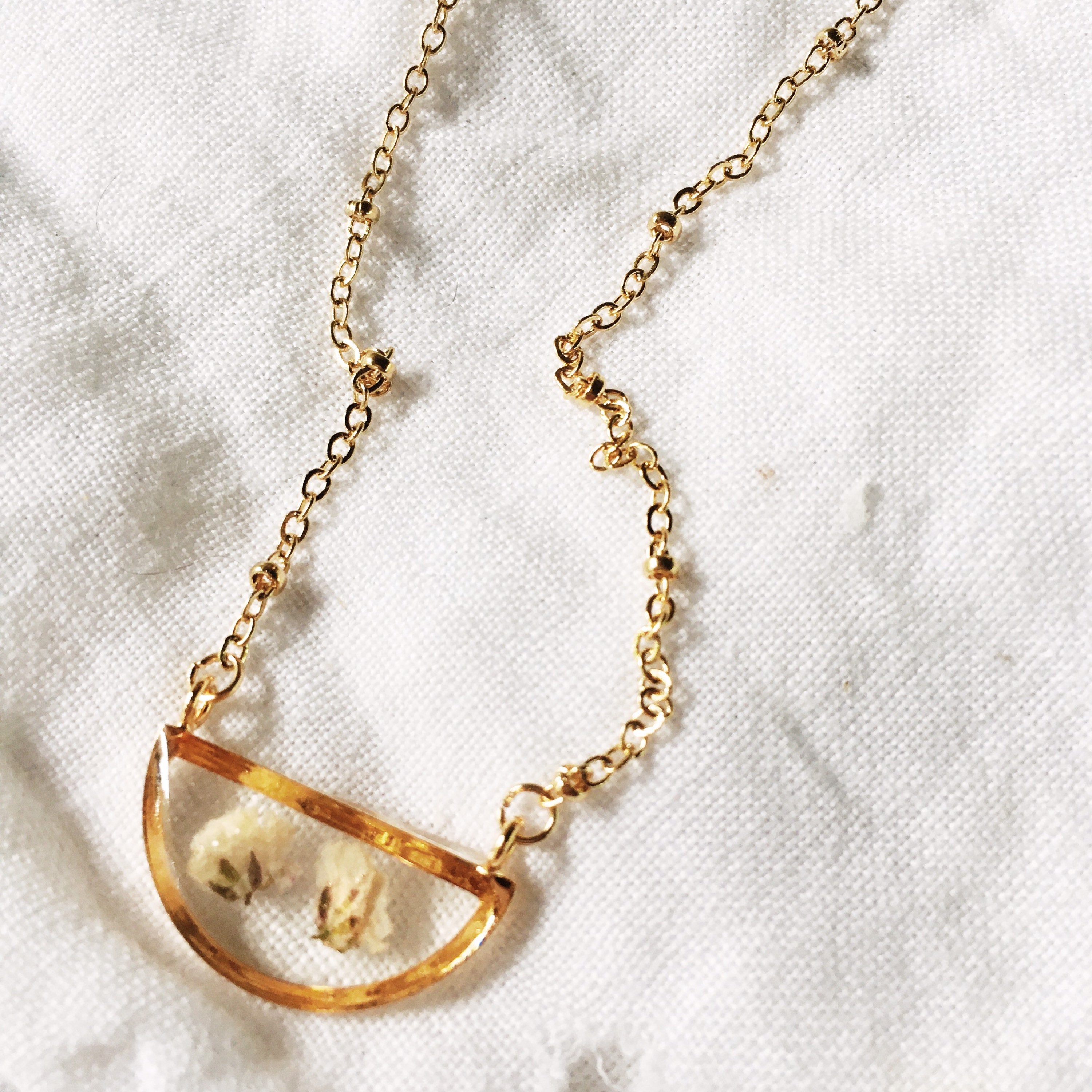 Gold Semicircle Pressed Flower Necklace