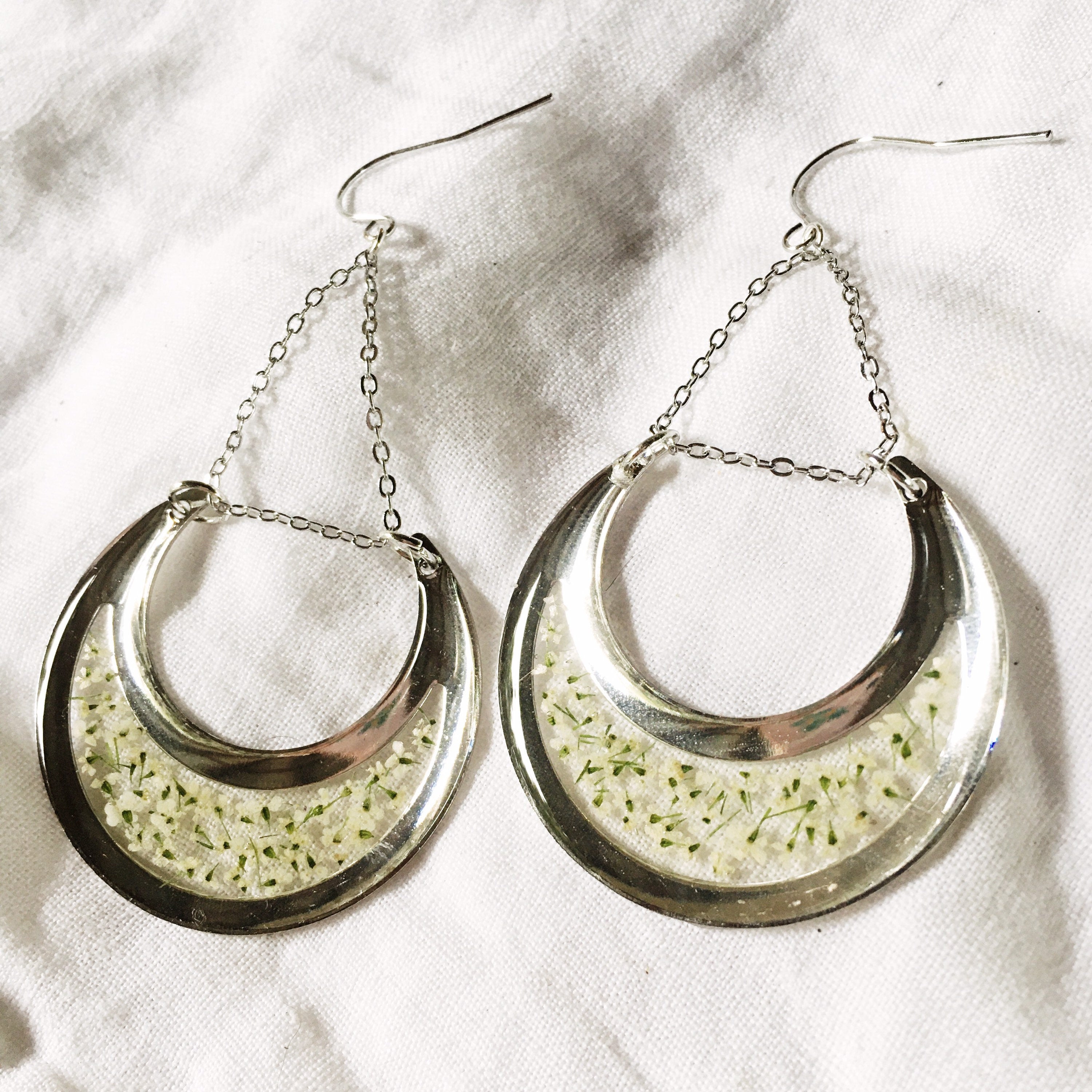 Crescent City Chic - Silver Crescent Moon Earrings with Queen Anne's Lace