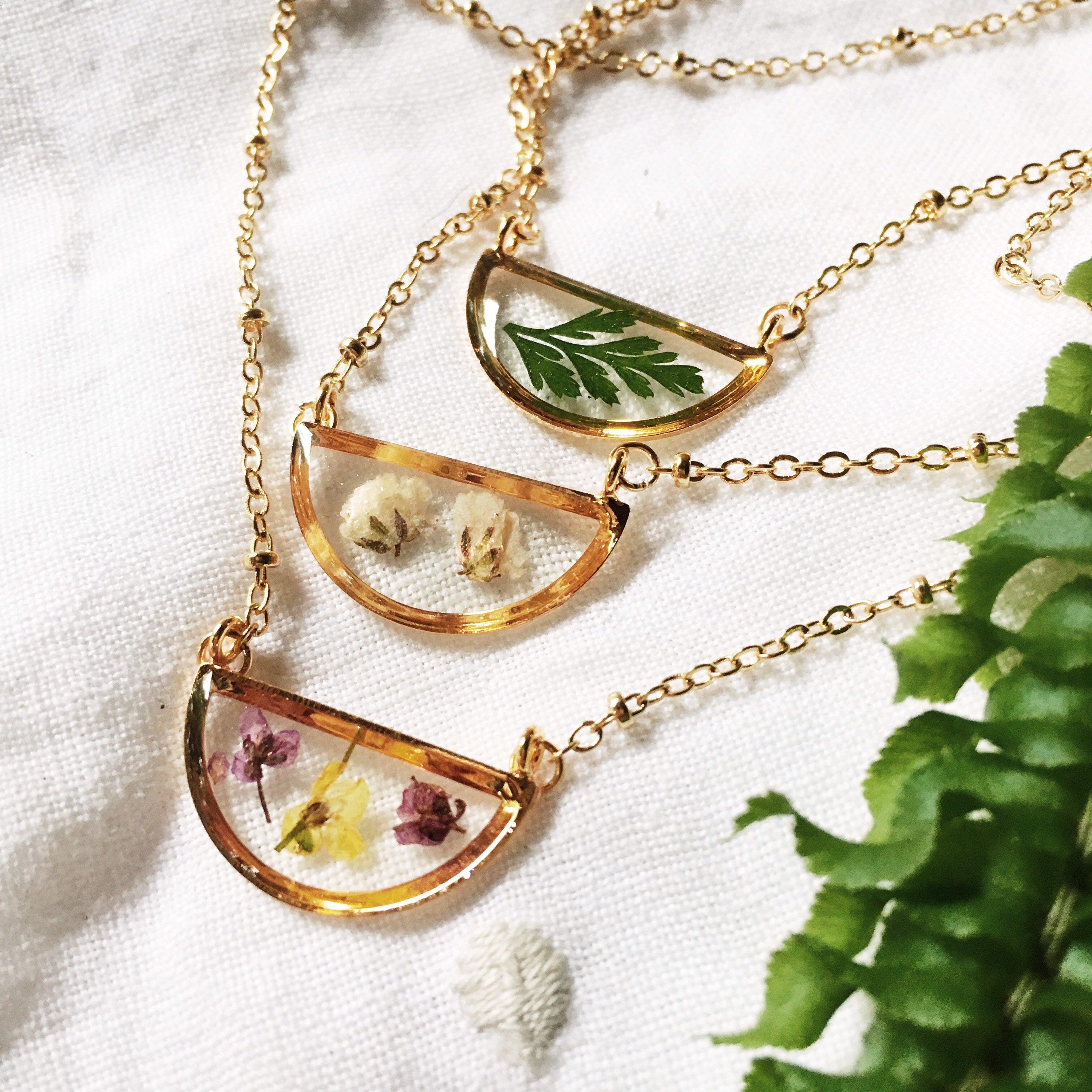 Gold Semicircle Pressed Flower Necklace