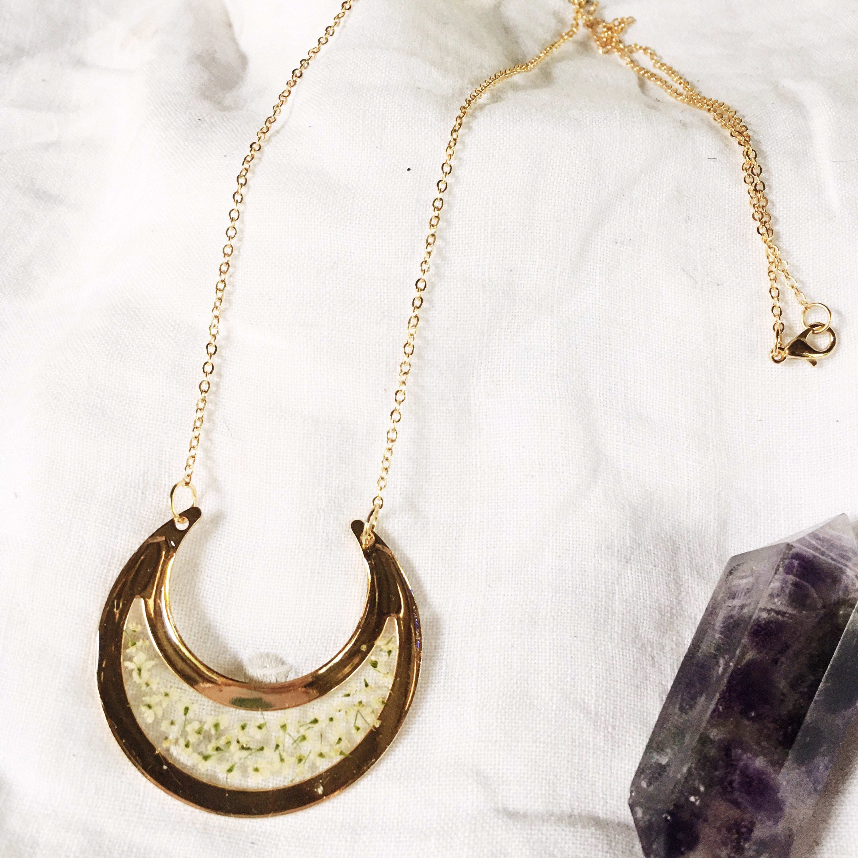 Crescent City Chic - Gold Crescent Moon Necklace with Queen Anne's Lace