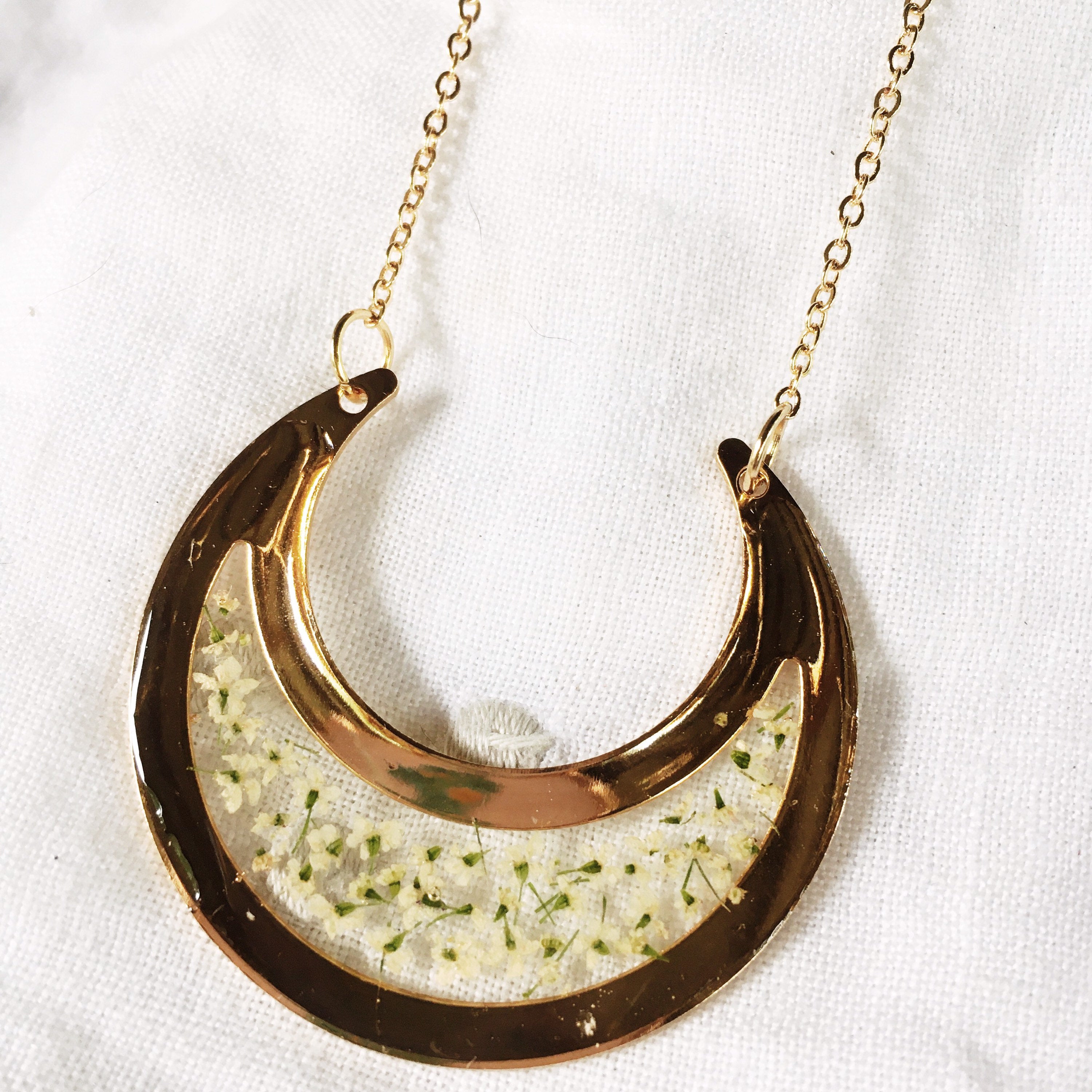 Crescent City Chic - Gold Crescent Moon Necklace with Queen Anne's Lace