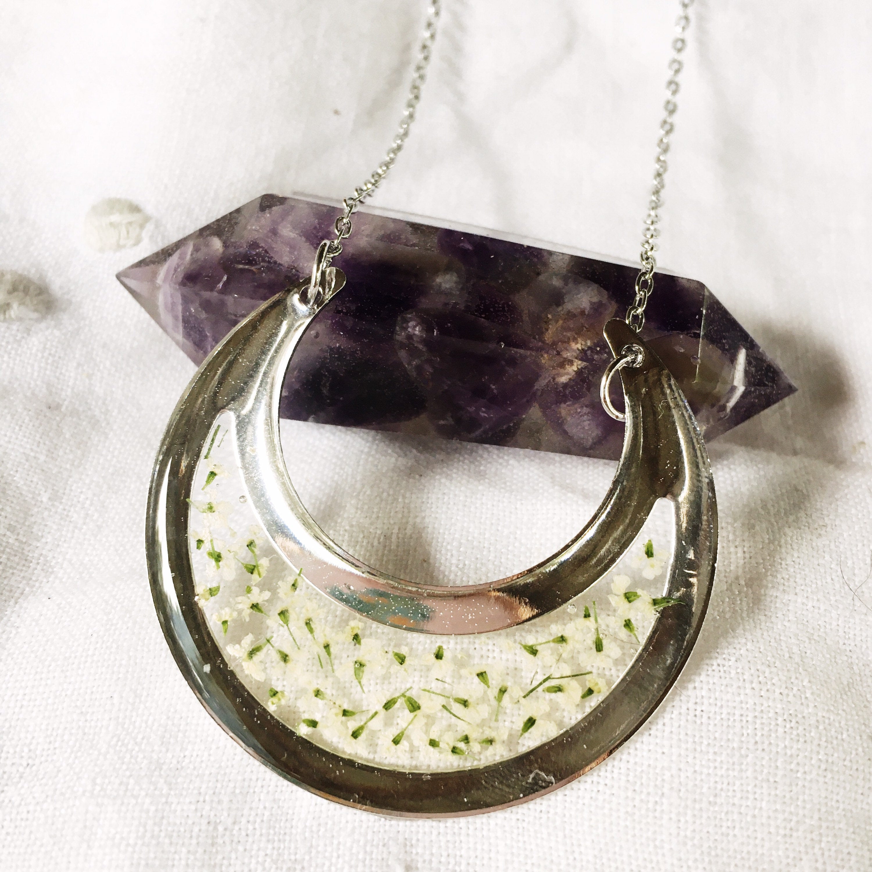 Crescent City Chic - Silver Crescent Moon Necklace with Queen Anne's Lace