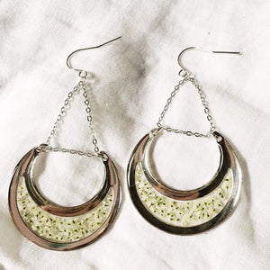 Crescent City Chic - Silver Crescent Moon Earrings with Queen Anne's Lace