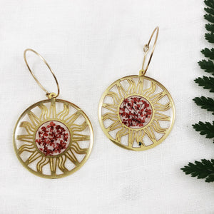 Aslan - Brass Sun Hoop Earrings with Red Queen Anne's Lace