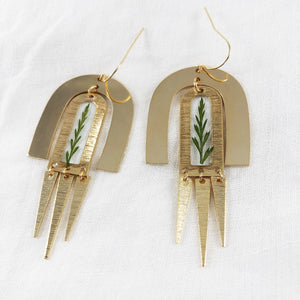 Gold Arch Dangle Earrings with Preserved Ferns