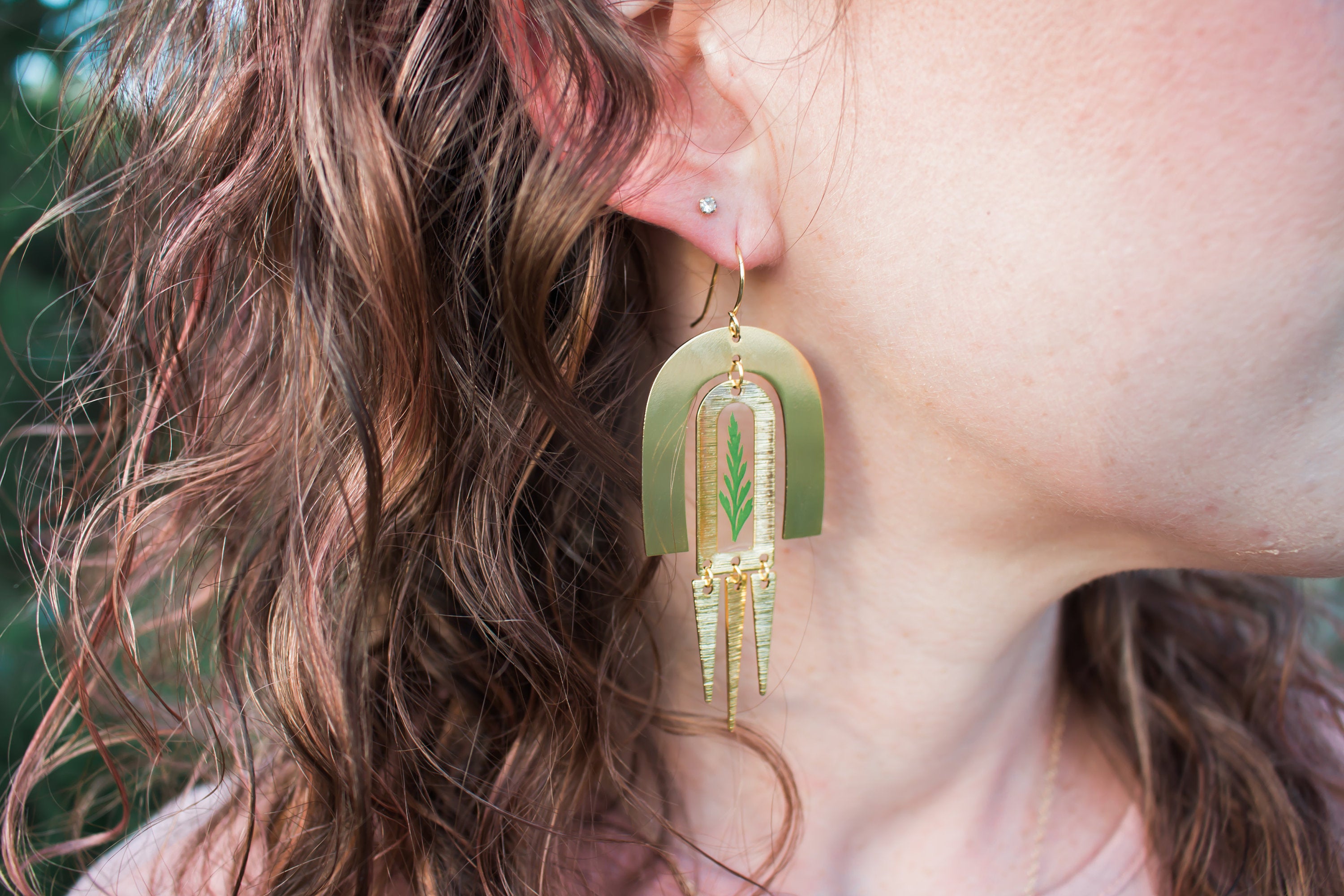 Gold Arch Dangle Earrings with Preserved Ferns