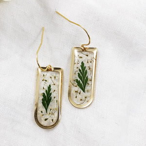 Gold Earrings with Preserved Ferns and Flowers