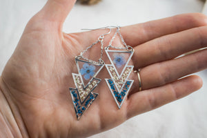 Silver Triangle Chain Earrings with Pressed Flowers