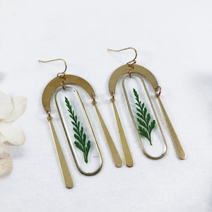 Brass Dangle Earrings with Preserved Ferns