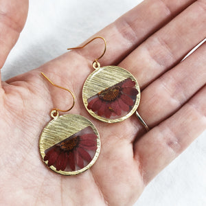 Gold Round Red Daisy Earrings