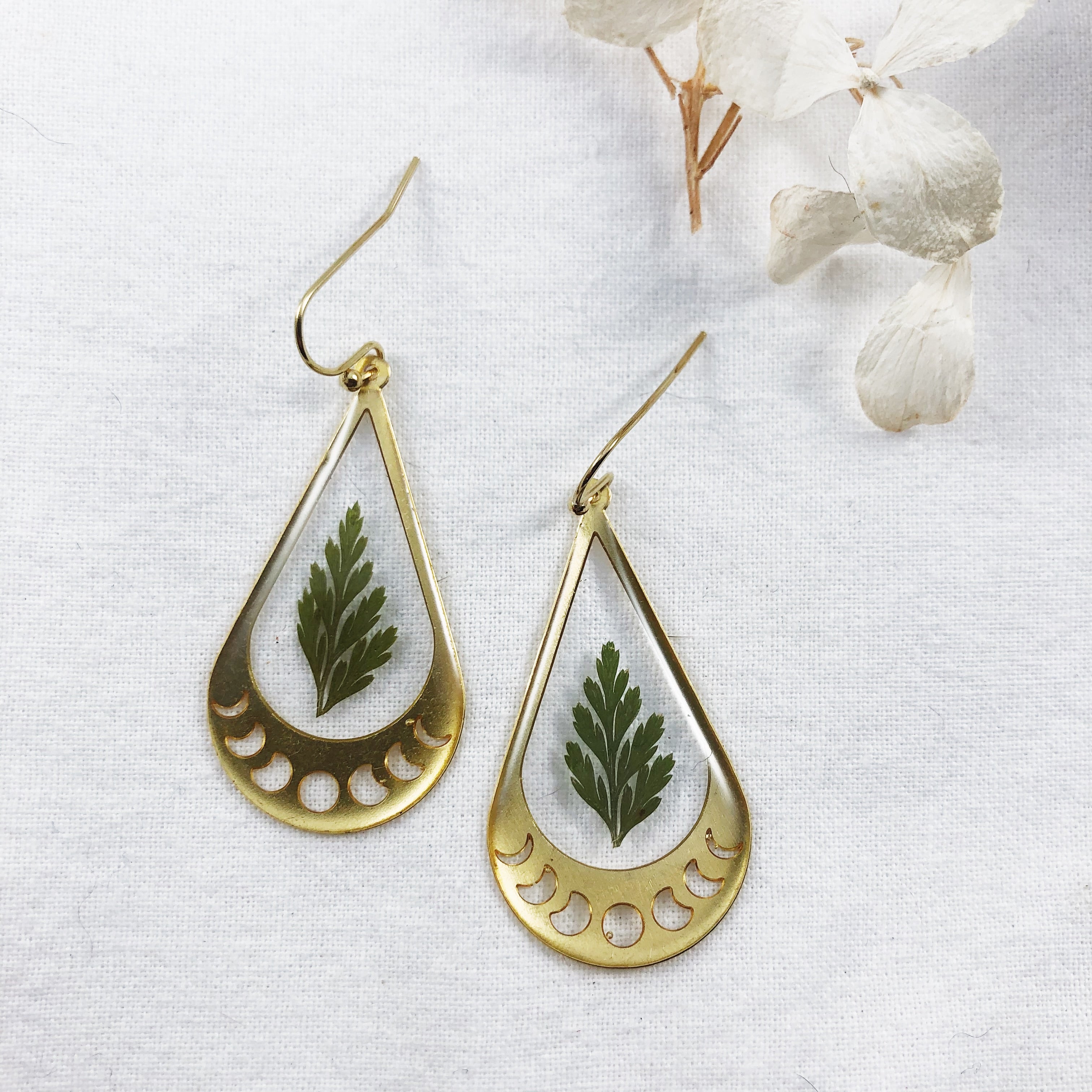 Brass Moon Phase Earrings with Preserved Ferns