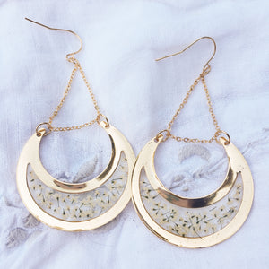 Crescent City Chic - Gold Crescent Moon Earrings with Queen Anne's Lace