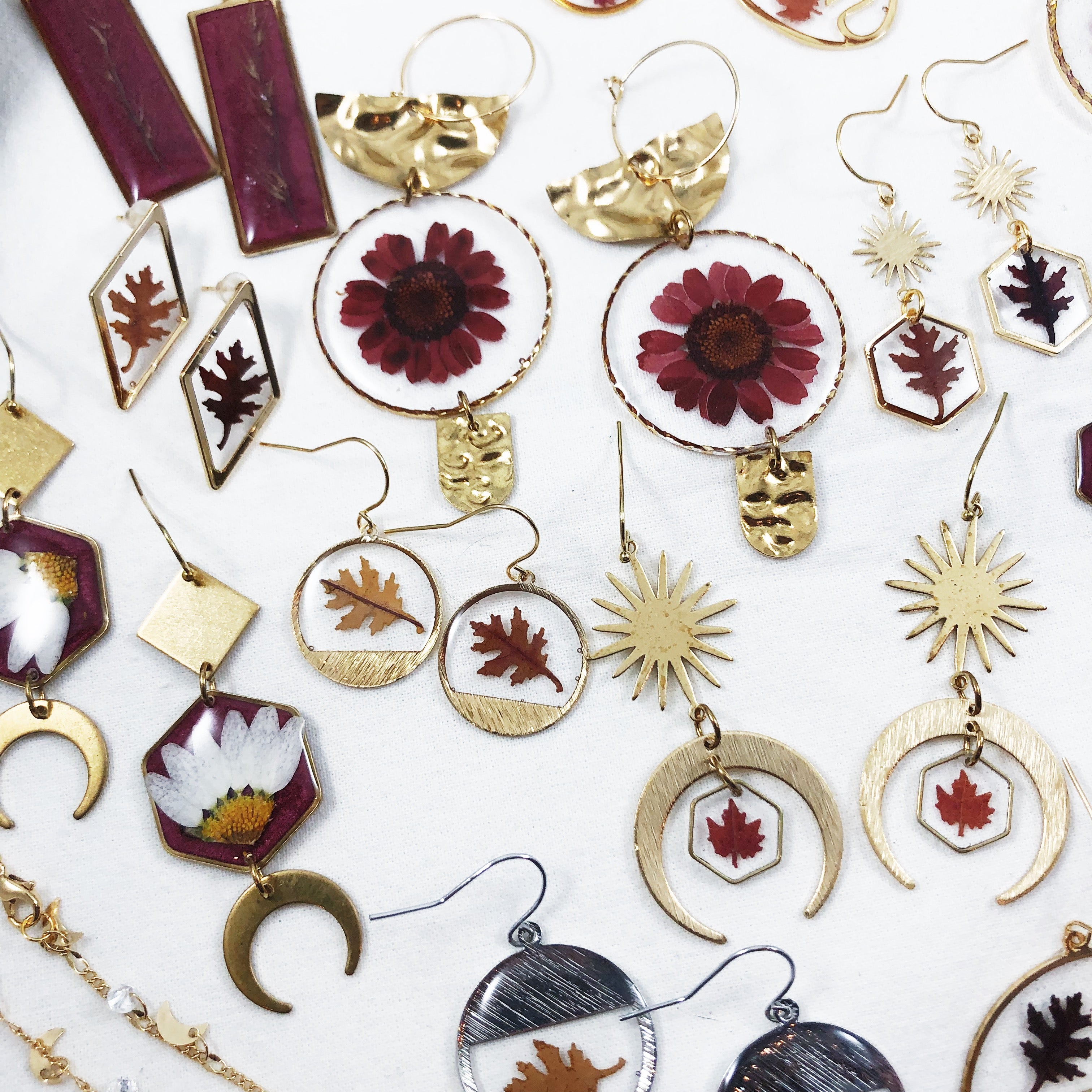 Fall Collection - Brass Sun & Moon Maple Leaf Earrings