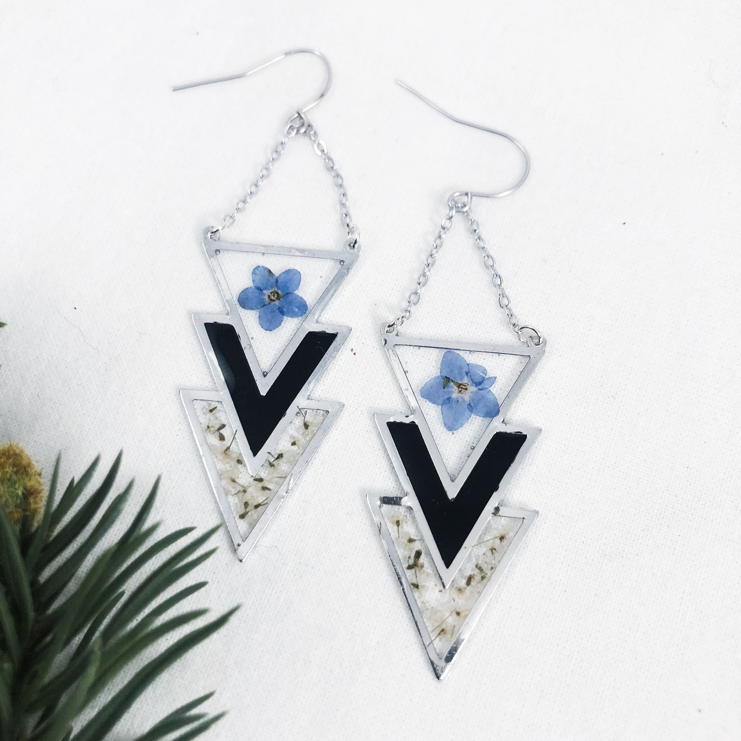 Winter Collection - Reyna - Silver Triangle Chain Earrings with Pressed Flowers
