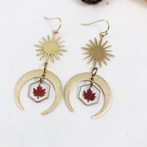 Fall Collection - Brass Sun & Moon Maple Leaf Earrings