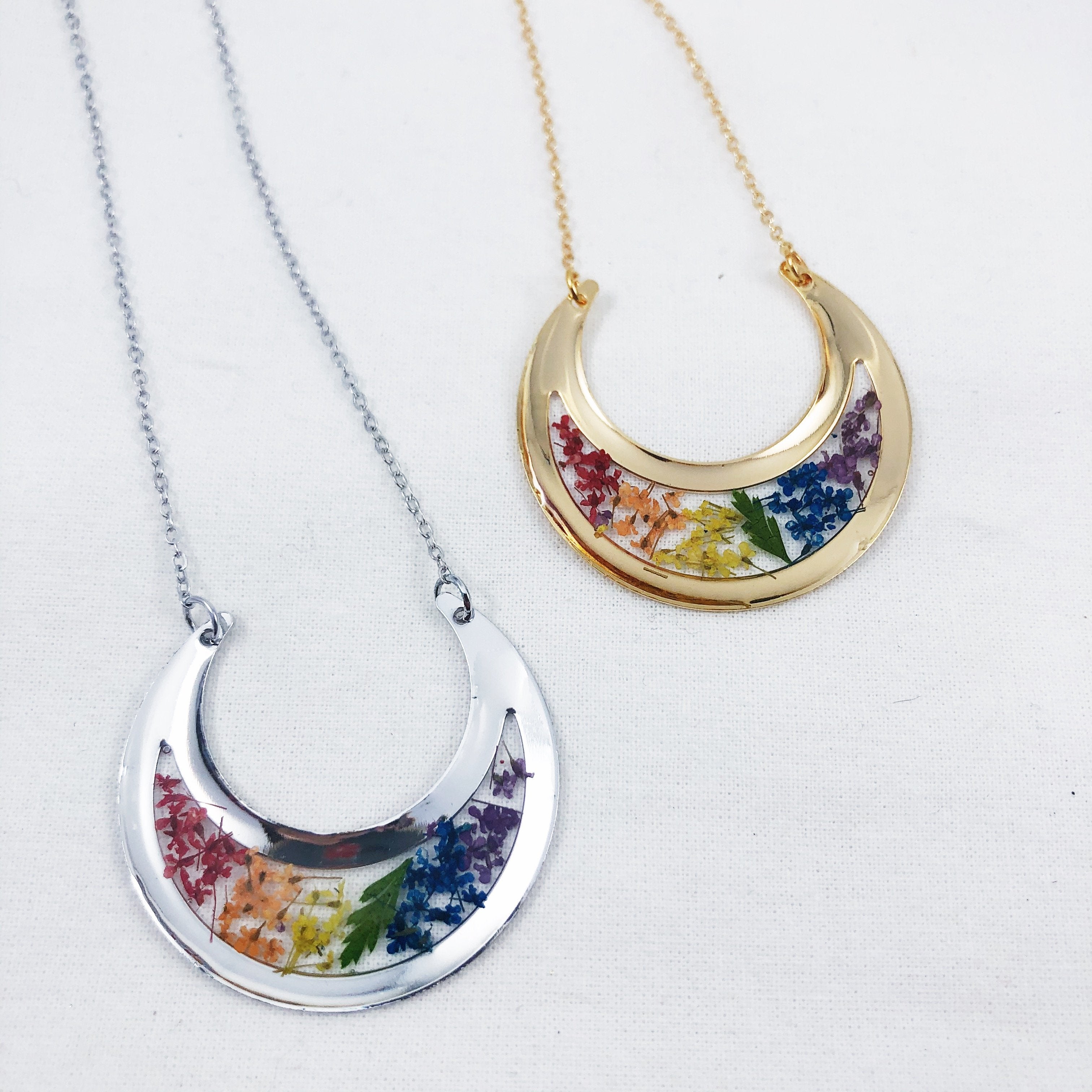 Silver Crescent Moon Rainbow Flower Pride Necklace