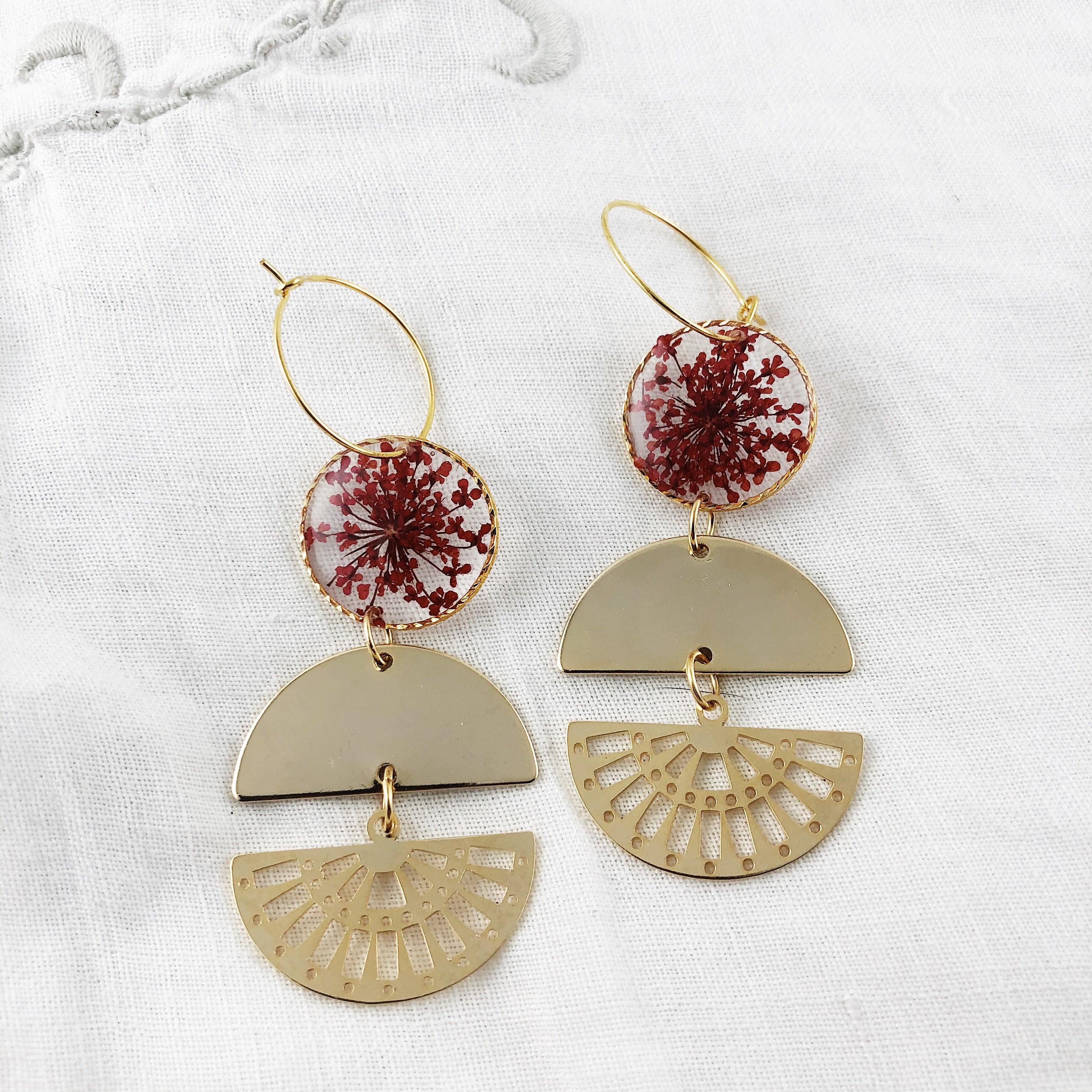 Gold Geometric Fan Earrings with Pressed Red Flowers