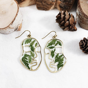 Blythe - Brass Abstract Face Earrings with Preserved Ferns