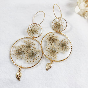 Gold Dangle Statement Earrings with Queen Anne’s Lace