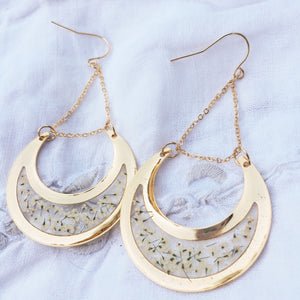 Crescent City Chic - Gold Crescent Moon Earrings with Queen Anne's Lace