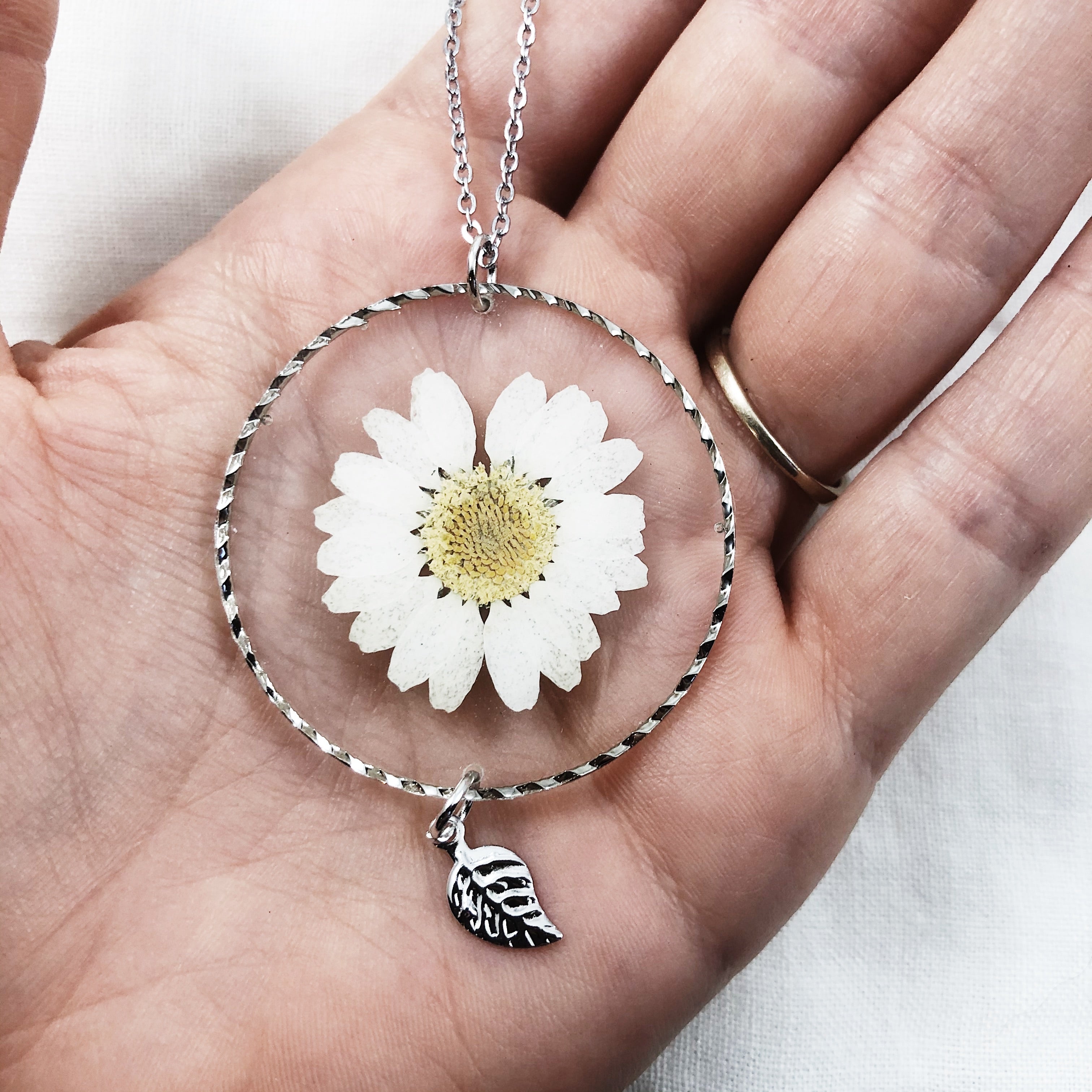 Silver Daisy Necklace with Leaf Charm
