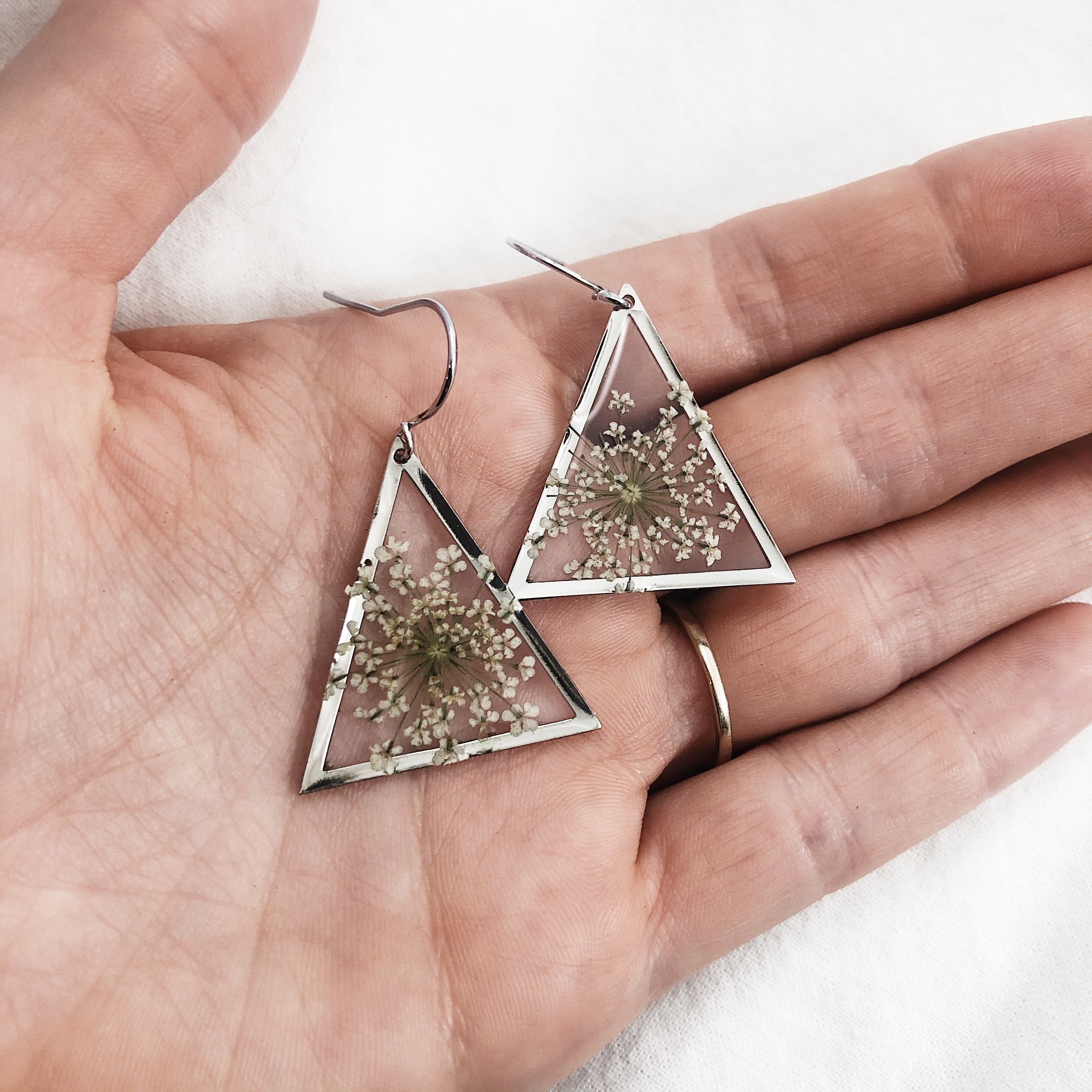 Silver Triangle Earrings with Queen Anne's Lace
