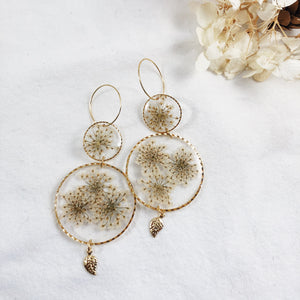 Gold Dangle Statement Earrings with Queen Anne’s Lace