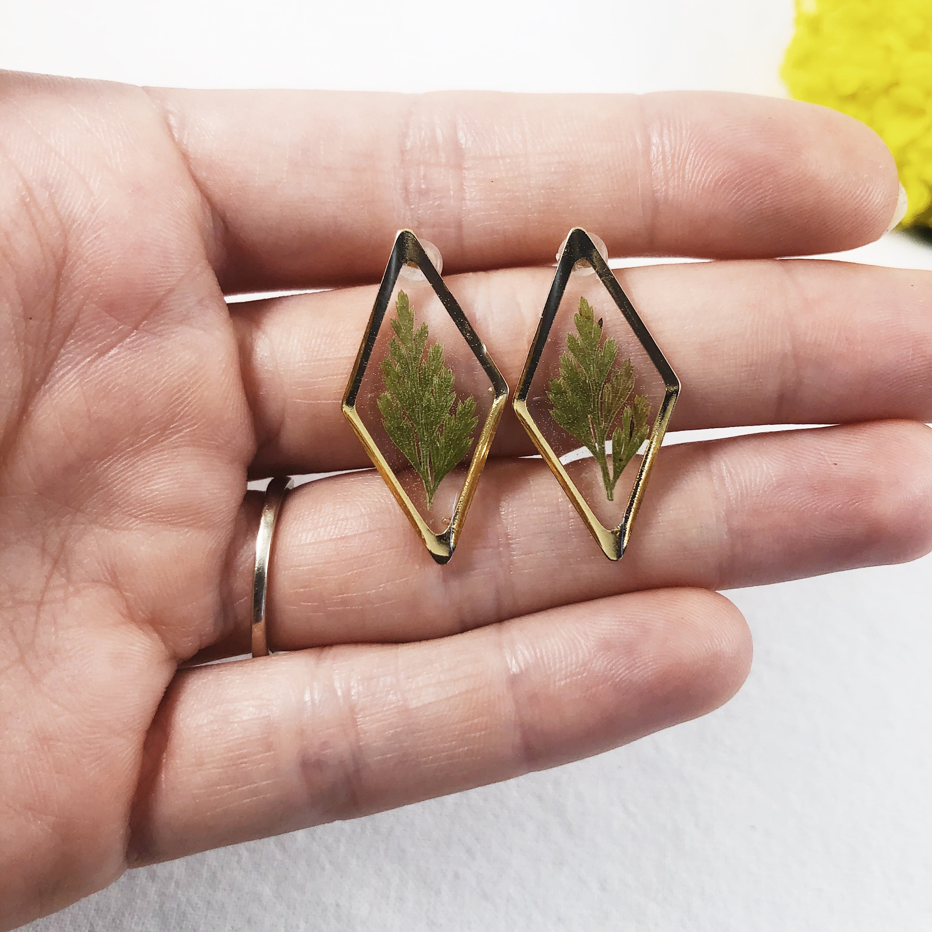 Diamond Shaped Gold Stud Earrings with Preserved Ferns