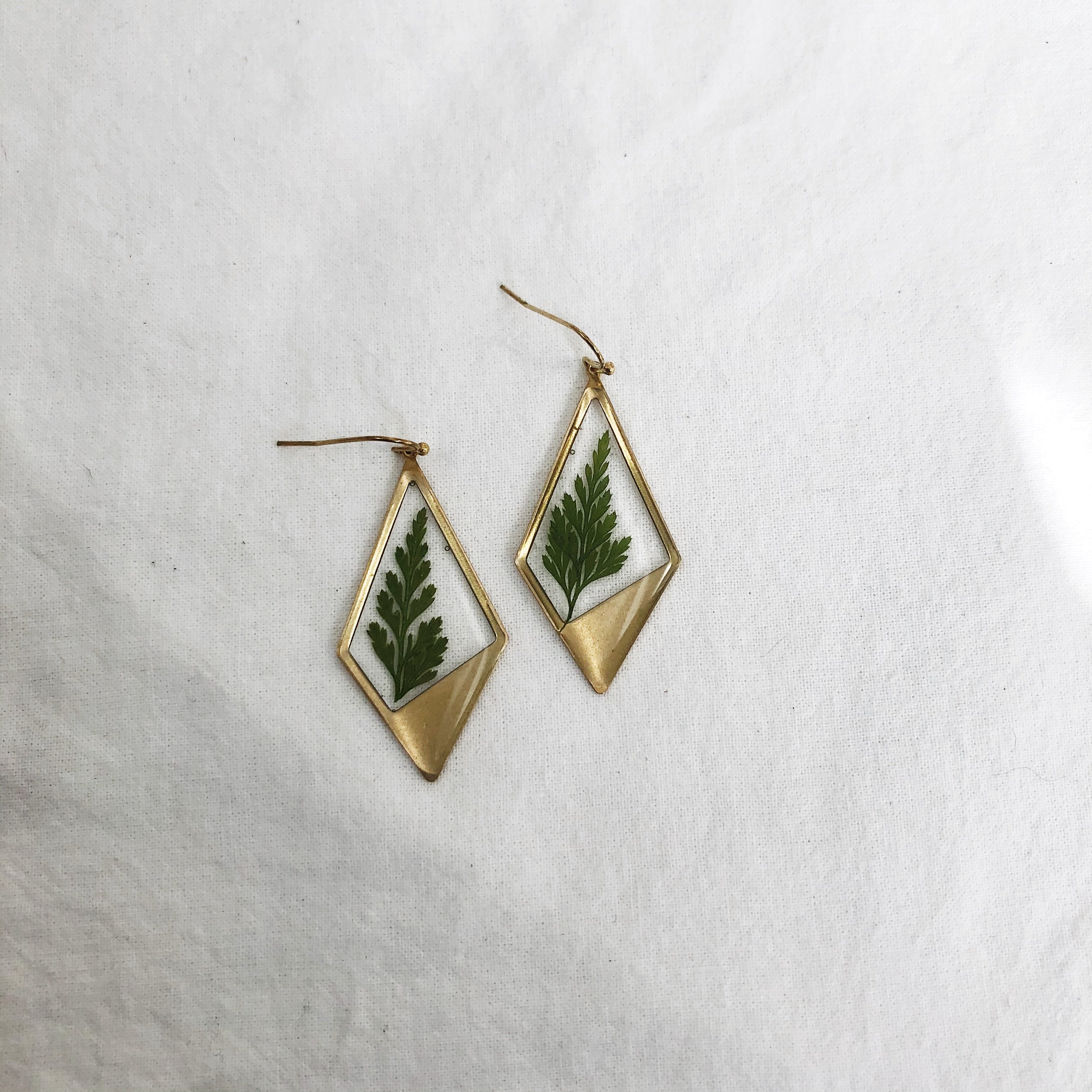 Hazel - Brass Diamond-Shaped Earrings with Preserved Ferns