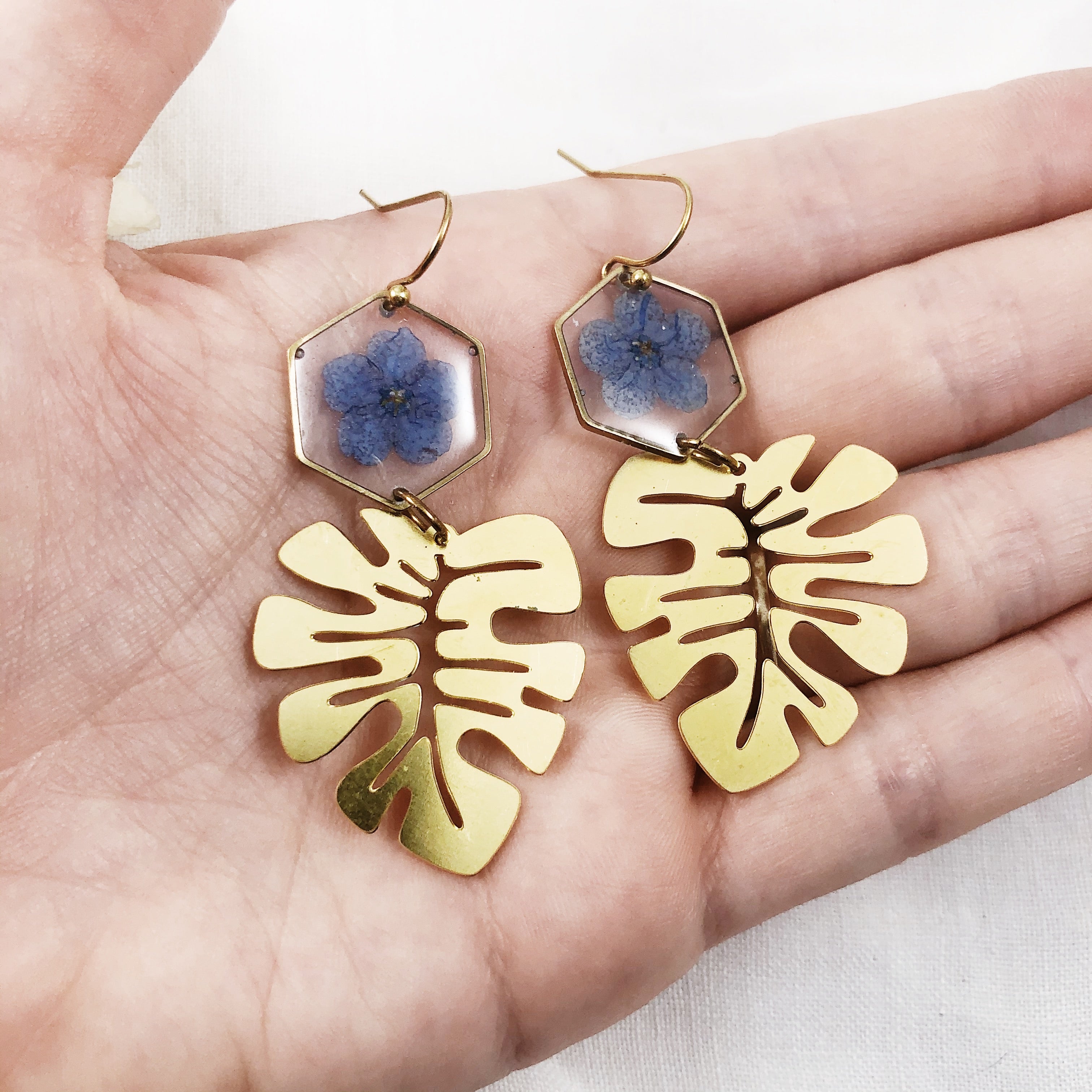 Brass Forget Me Not Earrings with Leaf Charms