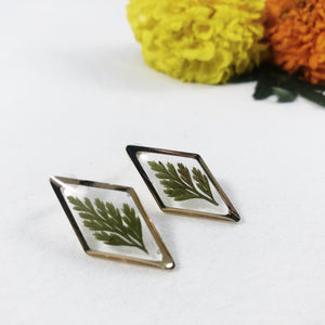 Diamond Shaped Gold Stud Earrings with Preserved Ferns