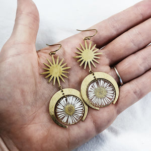 Kyrith - Brass Sun & Moon Daisy Dangle Earrings