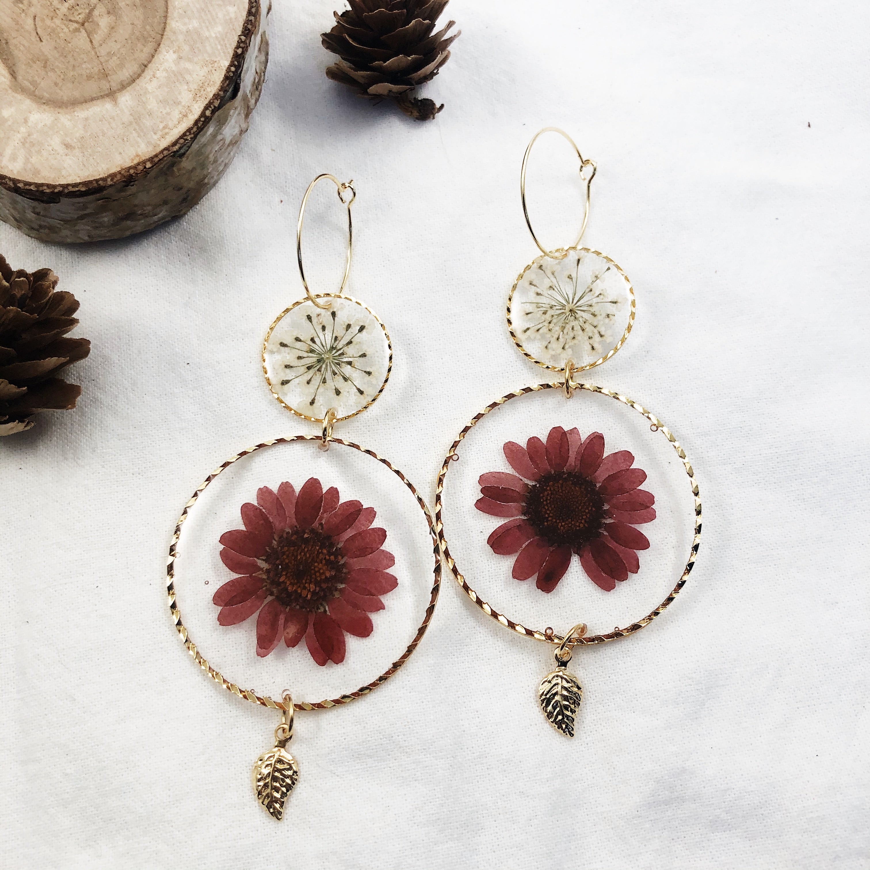 Autumn Catherine - Gold Red Daisy Dangles