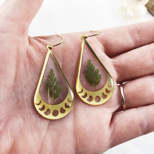Brass Moon Phase Earrings with Preserved Ferns