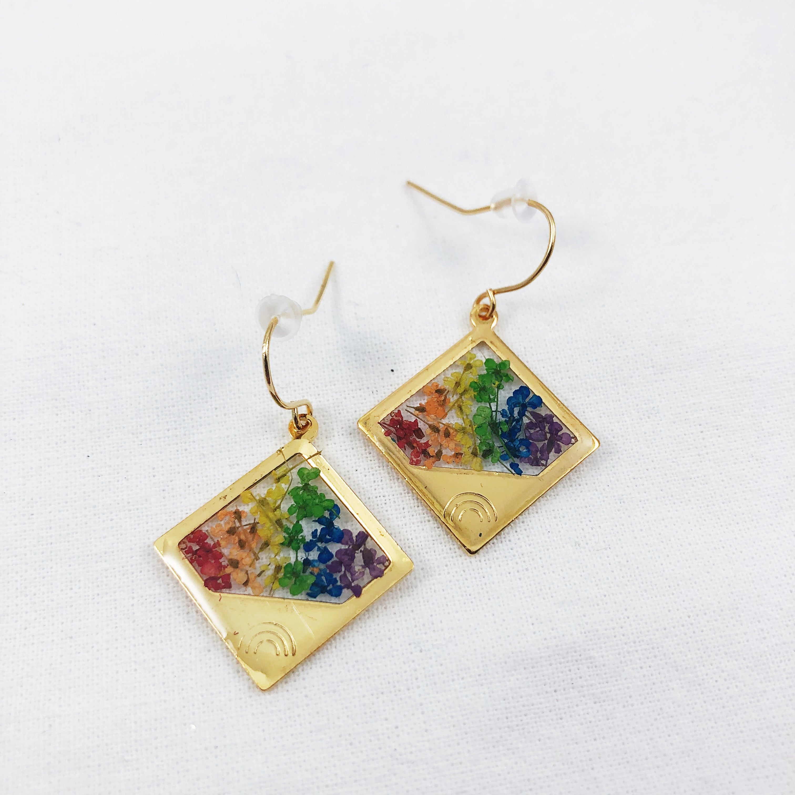 Square Rainbow Flower Pride Earrings in Gold, Silver, Brass