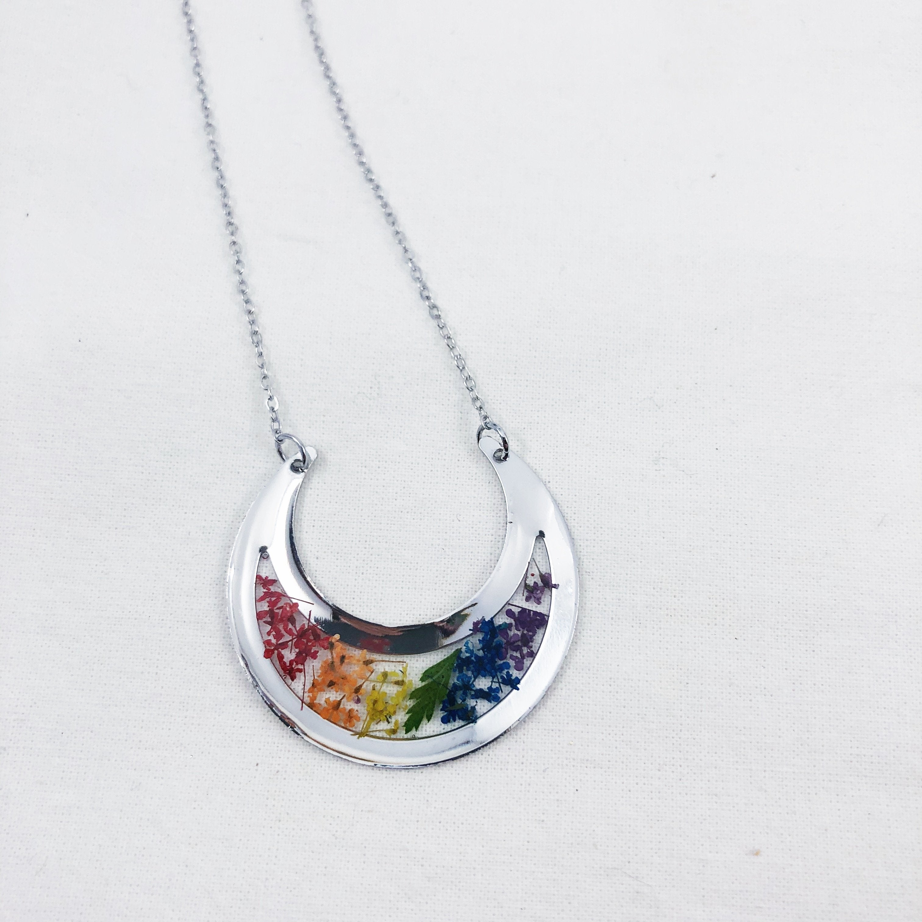 Silver Crescent Moon Rainbow Flower Pride Necklace
