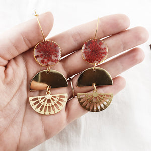 Gold Geometric Fan Earrings with Pressed Red Flowers