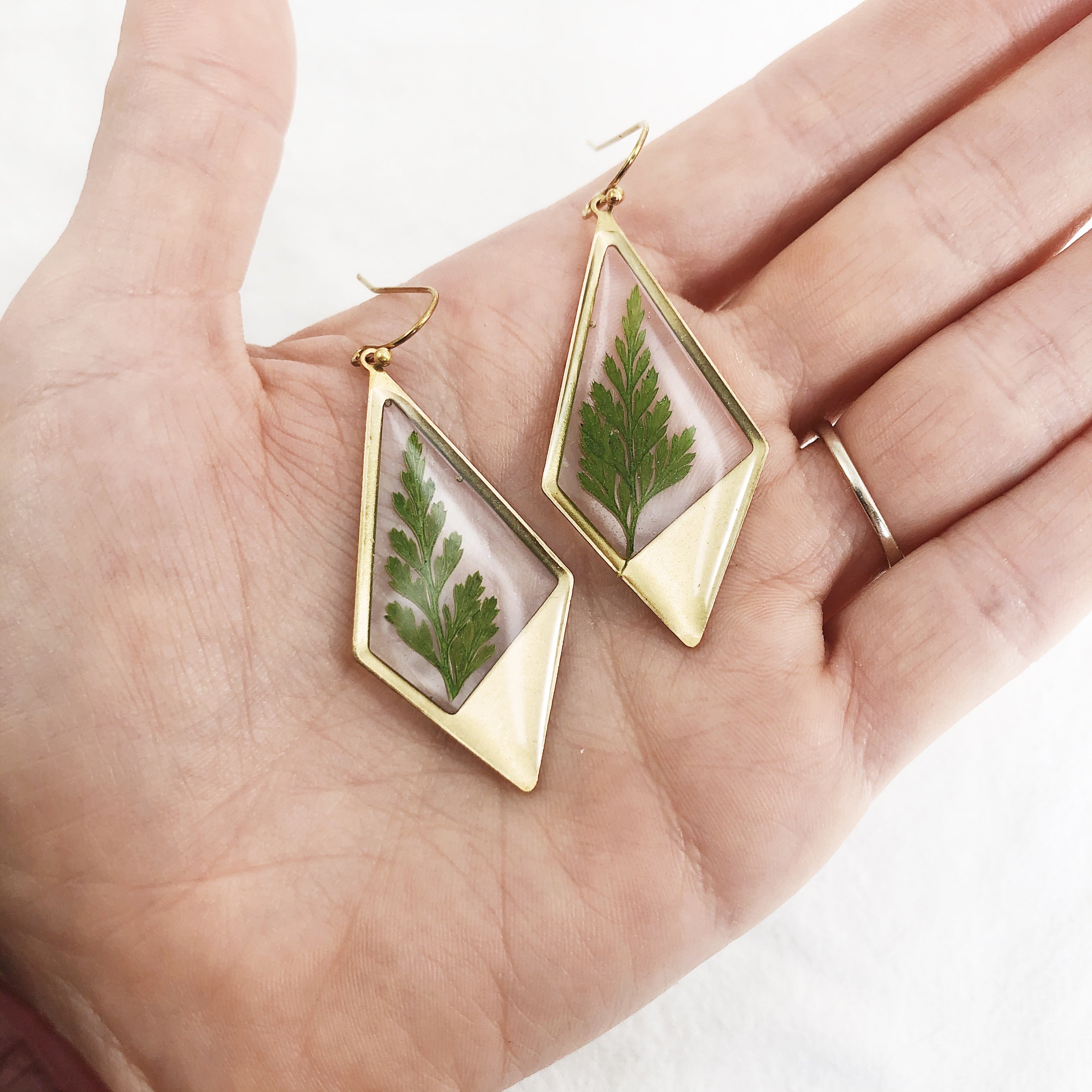 Hazel - Brass Diamond-Shaped Earrings with Preserved Ferns