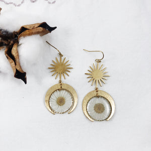 Kyrith - Brass Sun & Moon Daisy Dangle Earrings