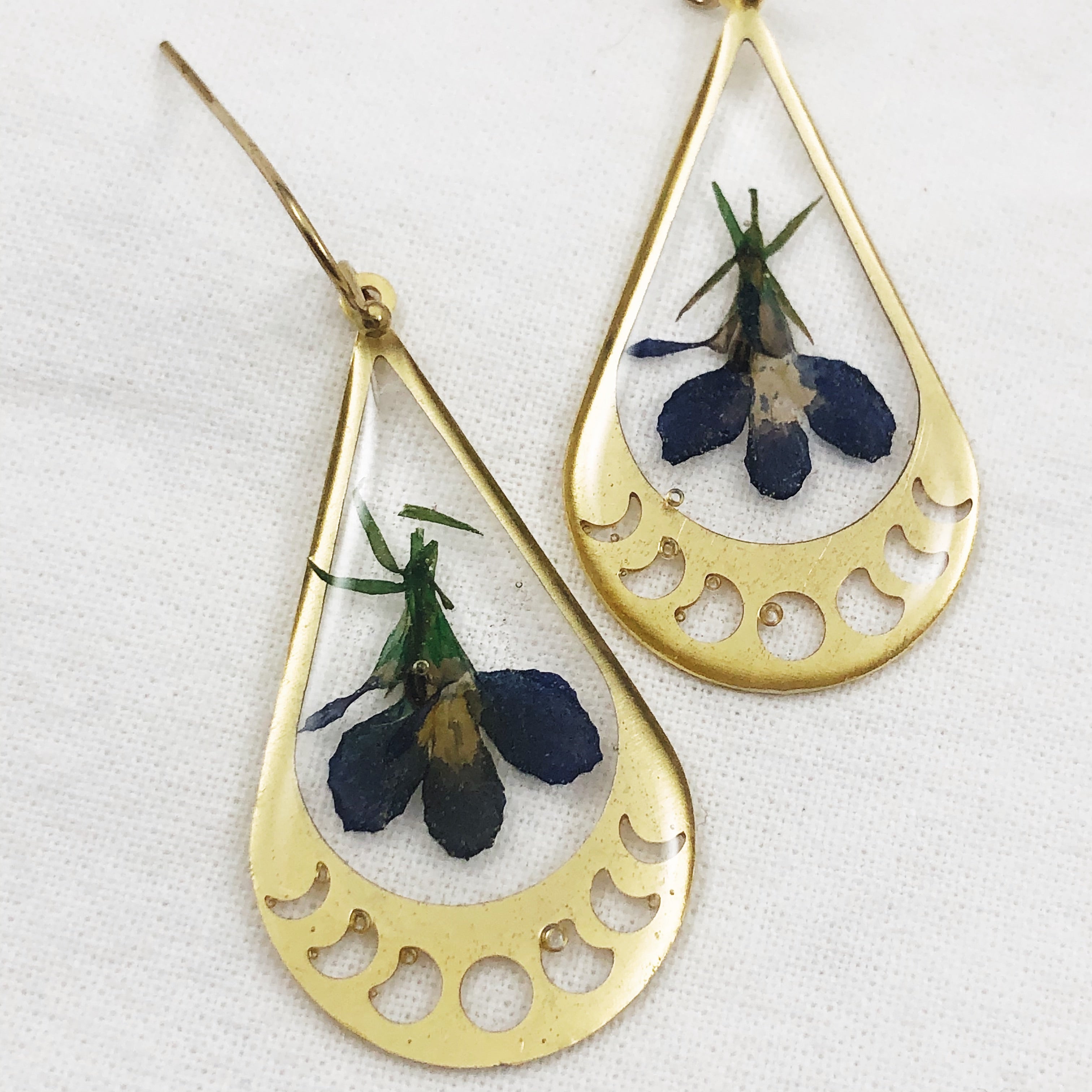 Brass Moon Phase Earrings with Pressed Flowers