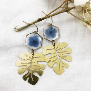 Brass Forget Me Not Earrings with Leaf Charms