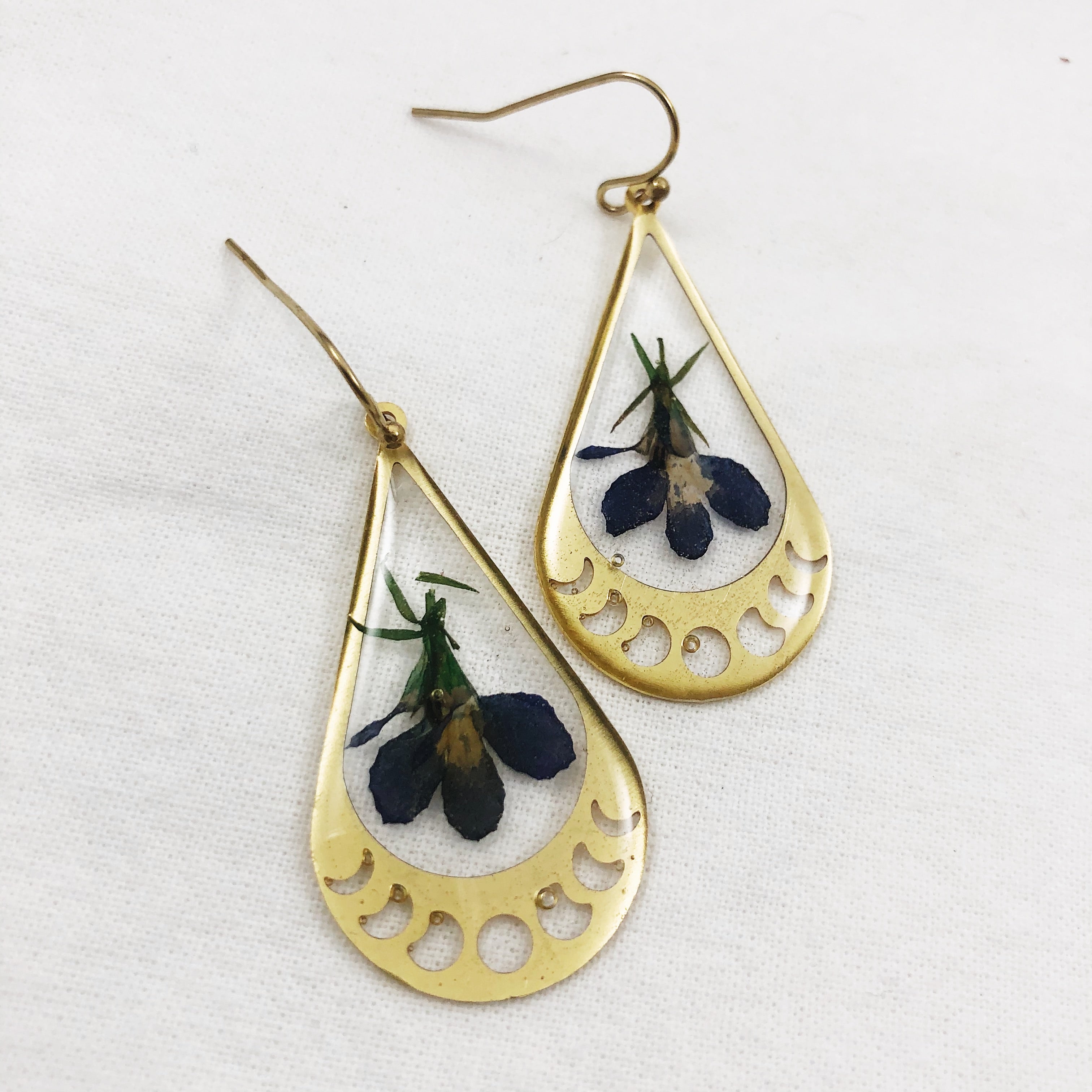 Brass Moon Phase Earrings with Pressed Flowers