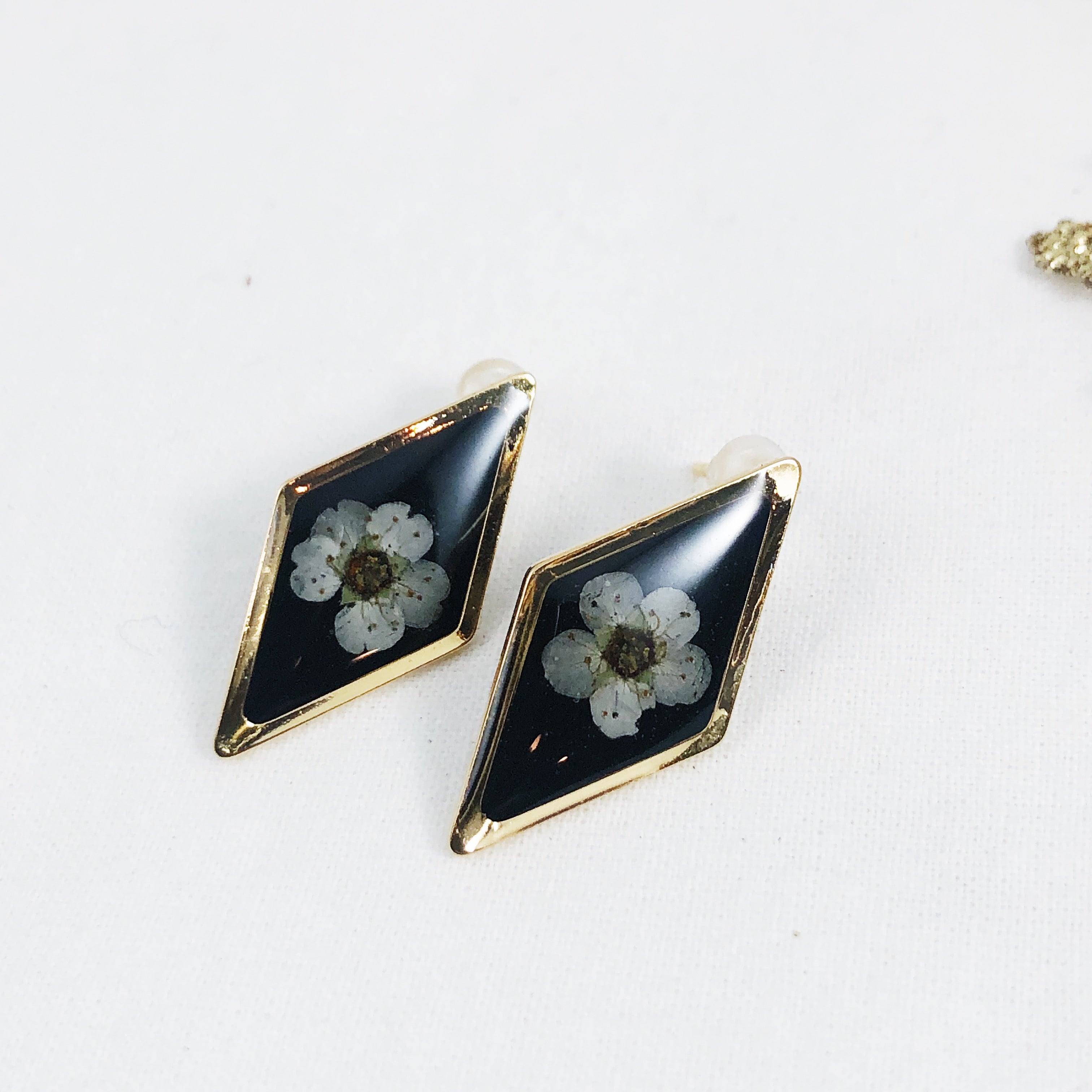 Black & Gold Pressed Flower Stud Earrings