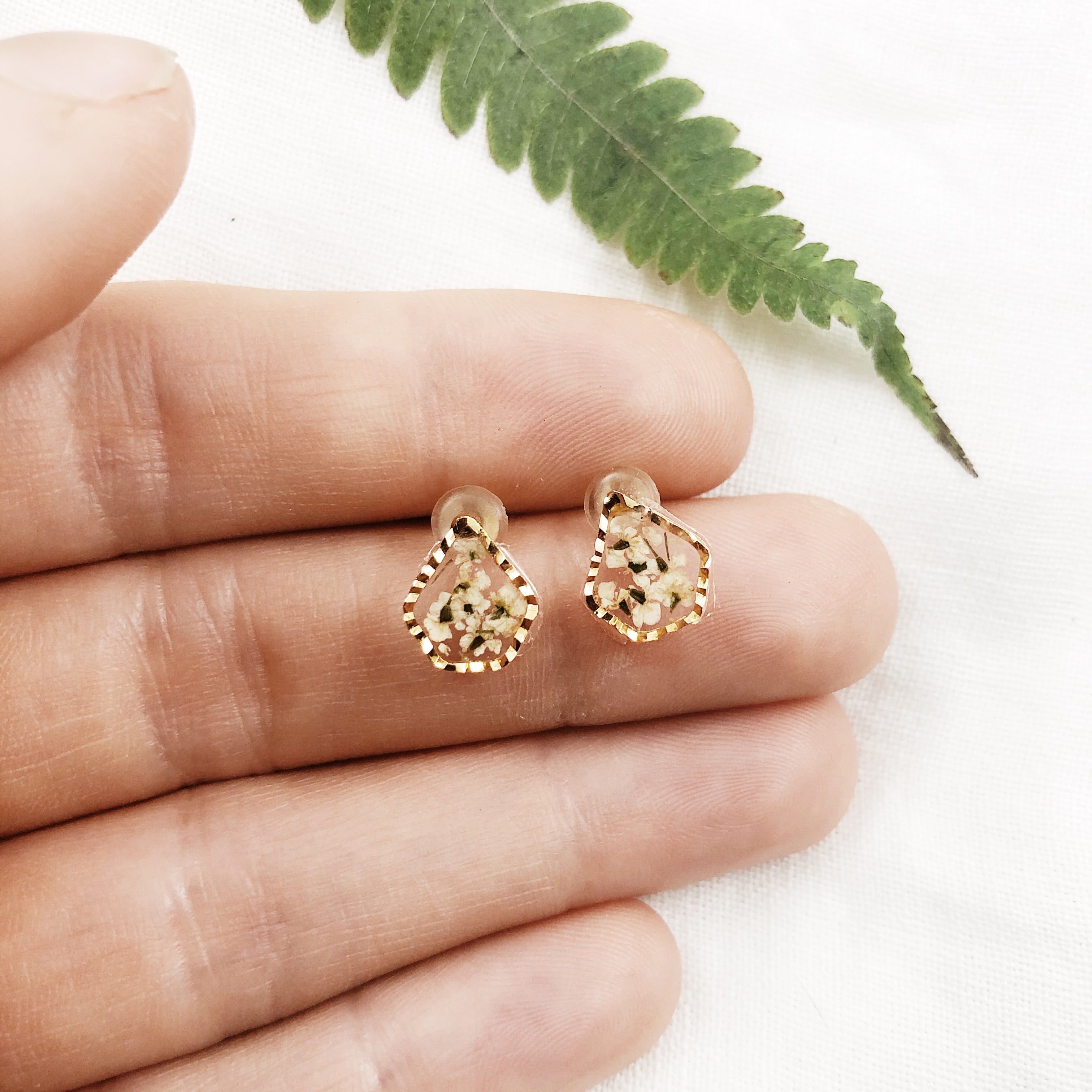 Phoebe - Dainty Gold Stud Earrings with Pressed Flowers