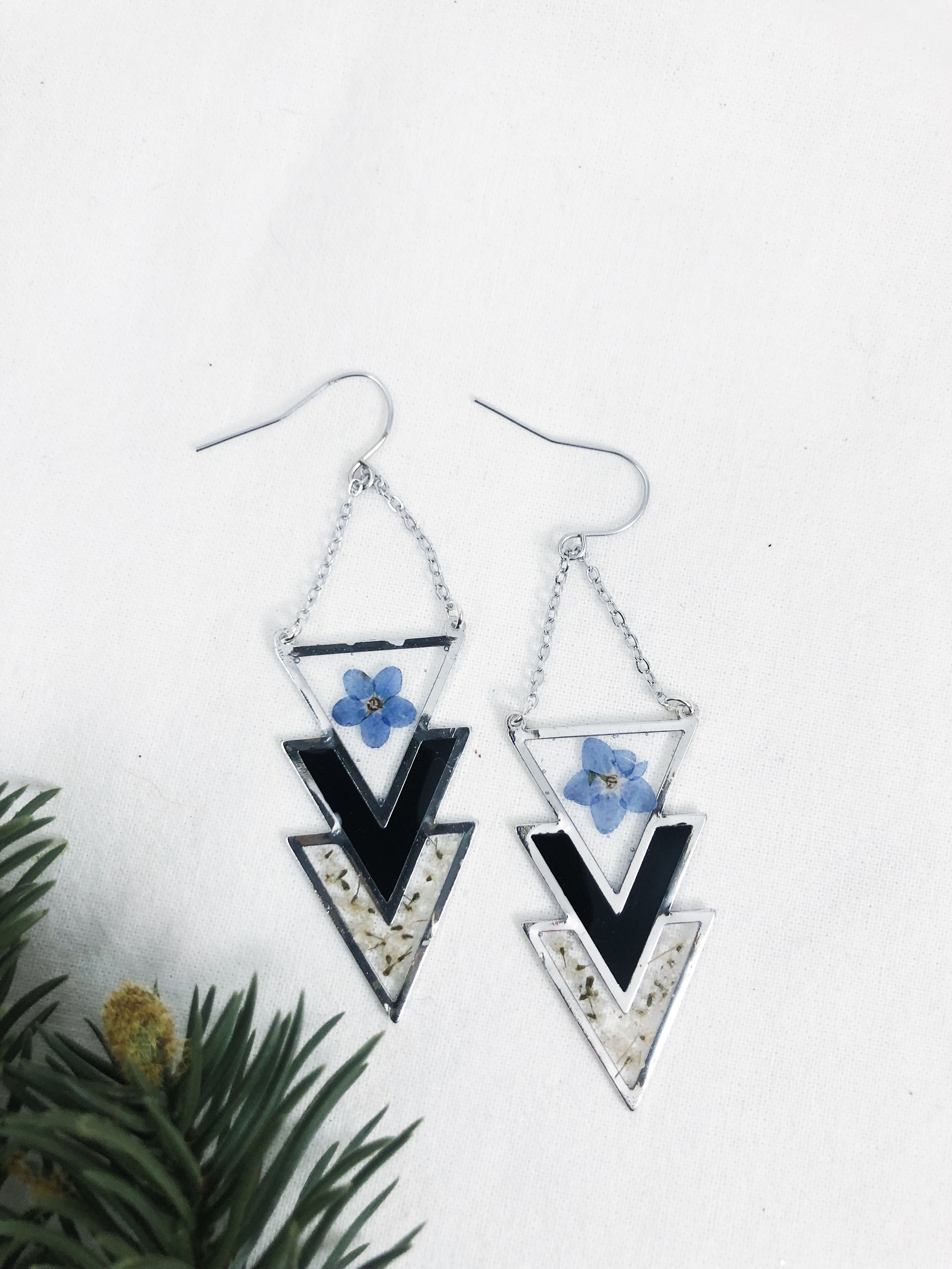 Winter Collection - Reyna - Silver Triangle Chain Earrings with Pressed Flowers